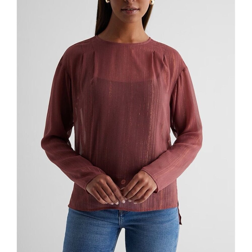 Express Womens Metallic Sheer Gathered Shoulder Long Sleeve Top Size XS NWT $54